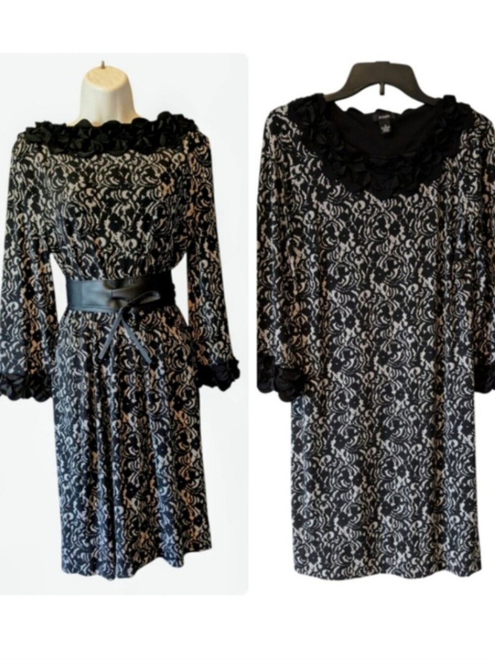 Alfani Lace Print Black and White Shift Dress Flower Petals Collar Sz. S